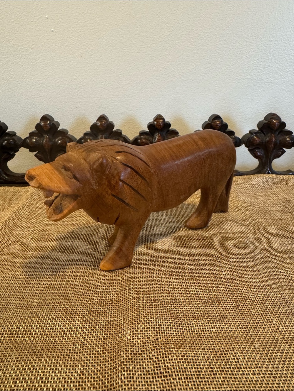 Vintage 8-Inch Hand-Carved Wooden Lion